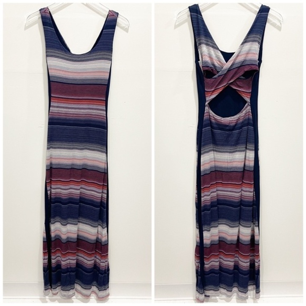 Gilli Stripe Stretch Maxi Dress Navy Small Open Back Sleeveless